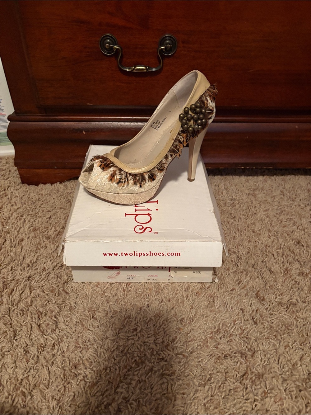 Two Lips Ivory Feather-Trim Stiletto Pump with Stud Detail